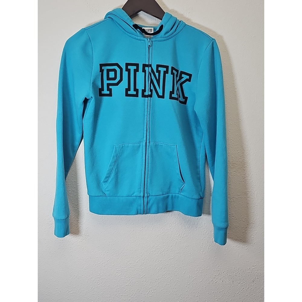 Victoria's Secret Pink Full Zip Hoodie Sweatshirt Blue Teal Women Jacket Size XS